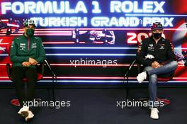 (L to R): Lance Stroll (CDN) Aston Martin F1 Team and Max Verstappen (NLD) Red Bull Racing in the FIA Press Conference. 07.10.2021. Formula 1 World Championship, Rd 16, Turkish Grand Prix, Istanbul, Turkey, Preparation Day.