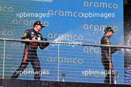 (L to R): Race winner Max Verstappen (NLD) Red Bull Racing celebrates on the podium with third placed team mate Sergio Perez (MEX) Red Bull Racing. 24.10.2021. Formula 1 World Championship, Rd 17, United States Grand Prix, Austin, Texas, USA, Race Day.