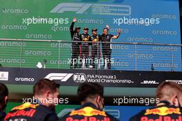 The podium (L to R): Lewis Hamilton (GBR) Mercedes AMG F1, second;Max Verstappen (NLD) Red Bull Racing, race winner; Sergio Perez (MEX) Red Bull Racing, third; Masashi Yamamoto (JPN) Honda Racing F1 Managing Director. 24.10.2021. Formula 1 World Championship, Rd 17, United States Grand Prix, Austin, Texas, USA, Race Day.