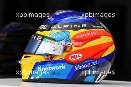 Fernando Alonso (ESP) Alpine F1 Team helmet supporting those affected by the La Palma volcanic eruption. 21.10.2021. Formula 1 World Championship, Rd 17, United States Grand Prix, Austin, Texas, USA, Preparation Day.