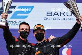 Race winner Juri Vips (EST) Hitech celebrates on the podium. 06.06.2021. FIA Formula 2 Championship, Rd 3, Feature Race, Baku, Azerbaijan, Sunday.