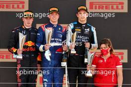 The podium (L to R): Juri Vips (EST) Hitech, second; Robert Shwartzman (RUS) PREMA Racing, race winner; Christian Lundgaard (DEN) ART, third. 17.07.2021. FIA Formula 2 Championship, Rd 4, Sprint Race 1, Silverstone, England, Saturday.