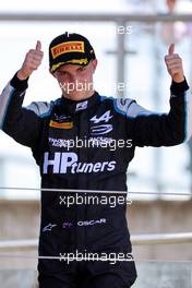 Oscar Piastri (AUS) PREMA Racing celebrates his third position on the podium. 18.07.2021. FIA Formula 2 Championship, Rd 4, Feature Race, Silverstone, England, Sunday.