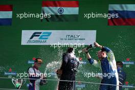 Race winner Jehan Daruvala (IND) Carlin celebrates on the podium. 11.09.2021. Formula 2 Championship, Rd 5, Sprint Race 2, Monza, Italy, Saturday.