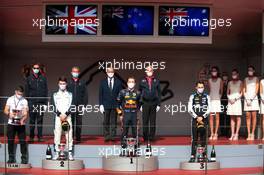 The podium (L to R): Dan Ticktum (GBR) Carlin, second; Liam Lawson (NZL) Hitech, race winner; Oscar Piastri (AUS) PREMA Racing, third. 22.05.2021. FIA Formula 2 Championship, Rd 2, Sprint Race 2, Monte Carlo, Monaco, Saturday.