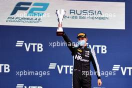 Race winner Oscar Piastri (AUS) PREMA Racing celebrates on the podium. 26.09.2021. FIA Formula 2 Championship, Rd 6, Feature Race, Sochi, Russia, Sunday.