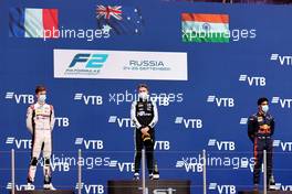 The podium (L to R): Theo Pourchaire (FRA) ART, second; Oscar Piastri (AUS) PREMA Racing, race winner; Jehan Daruvala (IND) Carlin, third. 26.09.2021. FIA Formula 2 Championship, Rd 6, Feature Race, Sochi, Russia, Sunday.