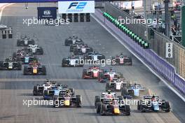 Liam Lawson (NZL) Hitech and Marcus Armstrong (NZL) Dams battle for the lead at the start of the race. 04.12.2021. FIA Formula 2 Championship, Rd 7, Sprint Race 1, Jeddah, Saudi Arabia, Saturday.