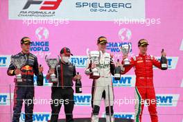 The podium (L to R): Dennis Hauger (DEN) PREMA Racing, second; Frederik Vesti (DEN) ART, race winner; Olli Caldwell (GBR) PREMA Racing, third. 04.07.2021. FIA Formula 3 Championship, Rd 3, Race 3, Spielberg, Austria, Sunday.