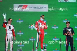 The podium (L to R): Logan Sargeant (USA) Charouz Racing System, second; Arthur Leclerc (FRA) PREMA Racing, race winner; Ayumu Iwasa (JPN) Trident, third. 04.09.2021. Formula 3 Championship, Rd 6, Race 1, Zandvoort, Netherlands, Saturday.