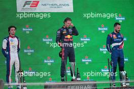 The podium (L to R): Clement Novalak (GBR) Carlin, second; Dennis Hauger (DEN) PREMA Racing, race winner; Alexander Smolyar (RUS) ART, third. 05.09.2021. Formula 3 Championship, Rd 6, Race 3, Zandvoort, Netherlands, Sunday.