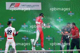 The podium (L to R): Logan Sargeant (USA) Charouz Racing System, second; Arthur Leclerc (FRA) PREMA Racing, race winner; Ayumu Iwasa (JPN) Trident, third. 04.09.2021. Formula 3 Championship, Rd 6, Race 1, Zandvoort, Netherlands, Saturday.