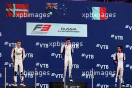 The podium (L to R): Frederik Vesti (DEN) ART, second; Jack Doohan (AUS) Trident, race winner; Clement Novalak (FRA) Trident, third. 26.09.2021. FIA Formula 3 Championship, Rd 7, Race 3, Sochi, Russia, Sunday.