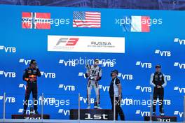 The podium (L to R): Dennis Hauger (DEN) PREMA Racing, second; Logan Sargeant (USA) Charouz Racing System, race winner; Victor Martins (FRA) MP Motorsport, third. 25.09.2021. FIA Formula 3 Championship, Rd 7, Race 1, Sochi, Russia, Friday.