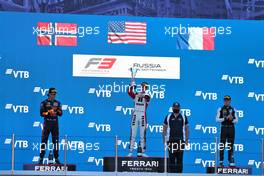 The podium (L to R): Dennis Hauger (DEN) PREMA Racing, second; Logan Sargeant (USA) Charouz Racing System, race winner; Victor Martins (FRA) MP Motorsport, third. 25.09.2021. FIA Formula 3 Championship, Rd 7, Race 1, Sochi, Russia, Friday.