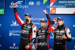 (L to R): Race winners Brendon Hartley (NZL), Kazuki Nakajima (JPN), and Sebastien Buemi (SUI) #08 Toyota Racing, celebrate in parc ferme. 01.05.2021. FIA World Endurance Championship, Rd 1, Spa Francorchamps, Belgium.