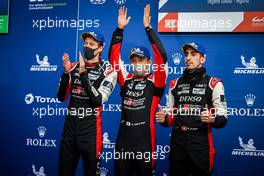 (L to R): Race winners Brendon Hartley (NZL), Kazuki Nakajima (JPN), and Sebastien Buemi (SUI) #08 Toyota Racing, celebrate in parc ferme. 01.05.2021. FIA World Endurance Championship, Rd 1, Spa Francorchamps, Belgium.