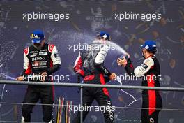 (L to R): Race winners Kazuki Nakajima (JPN), Brendon Hartley (NZL) and Sebastien Buemi (SUI) #08 Toyota Racing, celebrate on the podium. 01.05.2021. FIA World Endurance Championship, Rd 1, Spa Francorchamps, Belgium.