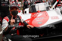 Kamui Kobayashi (JPN) celebrates pole position for the #07 Toyota Gazoo Racing Toyota GR010 Hybrid. 30.04.2021. FIA World Endurance Championship, Rd 1, Spa Francochamps, Belgium.