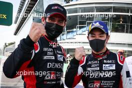 (L to R): Race winners Jose Maria Lopez (ARG) and Kamui Kobayashi (JPN) #07 Toyota Gazoo Racing, celebrate in parc ferme. 18.07.2021. FIA World Endurance Championship, Rd 3, Monza, Italy.