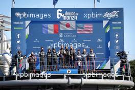 The podium (L to R): Mathieu Vaxiviere (FRA), Nicolas Lapierre (FRA), Andre Negrao (BRA) #36 Alpine Elf Matmut, second; Jose Maria Lopez (ARG), Kamui Kobayashi (JPN), Mike Conway (GBR) #07 Toyota Gazoo Racing, race winners; Filipe Albuquerque (POR), Fabio Scherer (SUI), Philip Hanson (GBR) #22 United Autosports USA, third. 18.07.2021. FIA World Endurance Championship, Rd 3, Monza, Italy.