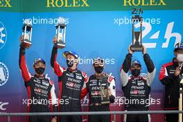 (L to R): Kazuki Nakajima (JPN); Brendon Hartley (NZL); and Sebastien Buemi (SUI) #08 Toyota Racing, celebrate their second position on the podium. 22.08.2021. FIA World Endurance Championship, Le Mans 24 Hour Race, Le Mans, France, Sunday.