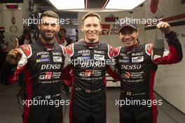 (L to R): Jose Maria Lopez (ARG), Mike Conway (GBR) and Kamui Kobayashi (JPN) celebrate pole position for the #07 Toyota Gazoo Racing Toyota GR010 Hybrid. 19.08.2021. FIA World Endurance Championship, Le Mans Practice and Qualifying, Le Mans, France, Thursday.