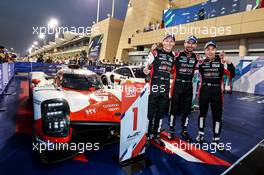 (L to R): Race winners Mike Conway (GBR), Jose Maria Lopez (ARG) and Kamui Kobayashi (JPN) #07 Toyota Gazoo Racing, Toyota GR010 Hybrid, celebrate in parc ferme. 30.10.2021. FIA World Endurance Championship, Round 5, Six Hours of Bahrain, Sakhir, Bahrain, Saturday.