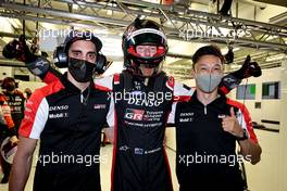 (L to R): Sebastien Buemi (SUI), Brendon Hartley (NZL), and Kazuki Nakajima (JPN) celebrate pole position for the #08 Toyota Racing, Toyota GR010, Hybrid. 29.10.2021. FIA World Endurance Championship, Round 5, Six Hours of Bahrain, Sakhir, Bahrain, Friday.