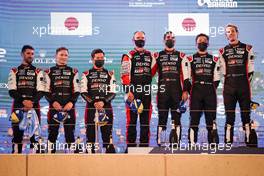 The podium (L to R): Jose Maria Lopez (ARG), Mike Conway (GBR), Kamui Kobayashi (JPN) #07 Toyota Gazoo Racing, second; Sebastien Buemi (SUI), Kazuki Nakajima (JPN), Brendon Hartley (NZL) #08 Toyota Racing, race winners. 06.11.2021. FIA World Endurance Championship, Round 6, Eight Hours of Bahrain, Sakhir, Bahrain, Saturday.