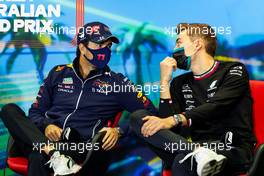 (L to R): Sergio Perez (MEX) Red Bull Racing and George Russell (GBR) Mercedes AMG F1 in the FIA Press Conference. 08.04.2022. Formula 1 World Championship, Rd 3, Australian Grand Prix, Albert Park, Melbourne, Australia, Practice Day.