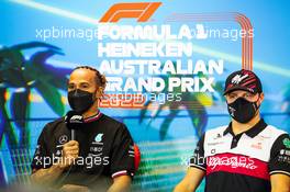 (L to R): Lewis Hamilton (GBR) Mercedes AMG F1 and Valtteri Bottas (FIN) Alfa Romeo F1 Team in the FIA Press Conference. 08.04.2022. Formula 1 World Championship, Rd 3, Australian Grand Prix, Albert Park, Melbourne, Australia, Practice Day.
