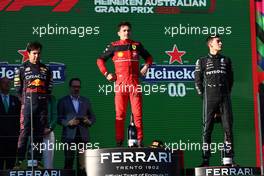 1st place Charles Leclerc (MON) Ferrari F1-75 with 2nd place Sergio Perez (MEX) Red Bull Racing RB18 and 3rd place George Russell (GBR) Mercedes AMG F1. 10.04.2022. Formula 1 World Championship, Rd 3, Australian Grand Prix, Albert Park, Melbourne, Australia, Race Day.