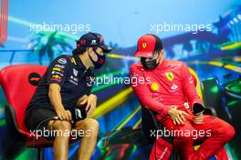 (L to R): Sergio Perez (MEX) Red Bull Racing and Charles Leclerc (MON) Ferrari in the post race FIA Press Conference. 10.04.2022. Formula 1 World Championship, Rd 3, Australian Grand Prix, Albert Park, Melbourne, Australia, Race Day.