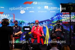 (L to R): Sergio Perez (MEX) Red Bull Racing; Charles Leclerc (MON) Ferrari; and Sergio Perez (MEX) Red Bull Racing in the post race FIA Press Conference. 10.04.2022. Formula 1 World Championship, Rd 3, Australian Grand Prix, Albert Park, Melbourne, Australia, Race Day.