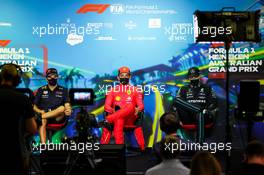 (L to R): Sergio Perez (MEX) Red Bull Racing; Charles Leclerc (MON) Ferrari; and Sergio Perez (MEX) Red Bull Racing in the post race FIA Press Conference. 10.04.2022. Formula 1 World Championship, Rd 3, Australian Grand Prix, Albert Park, Melbourne, Australia, Race Day.
