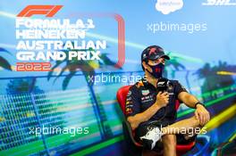 Sergio Perez (MEX) Red Bull Racing in the post race FIA Press Conference. 10.04.2022. Formula 1 World Championship, Rd 3, Australian Grand Prix, Albert Park, Melbourne, Australia, Race Day.