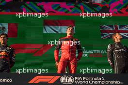 The podium (L to R): Sergio Perez (MEX) Red Bull Racing, second; Charles Leclerc (MON) Ferrari, race winner; George Russell (GBR) Mercedes AMG F1, third. 10.04.2022. Formula 1 World Championship, Rd 3, Australian Grand Prix, Albert Park, Melbourne, Australia, Race Day.