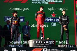 1st place Charles Leclerc (MON) Ferrari F1-75 with 2nd place Sergio Perez (MEX) Red Bull Racing RB18 and 3rd place George Russell (GBR) Mercedes AMG F1. 10.04.2022. Formula 1 World Championship, Rd 3, Australian Grand Prix, Albert Park, Melbourne, Australia, Race Day.