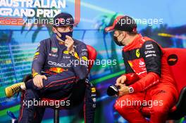 (L to R): Max Verstappen (NLD) Red Bull Racing and Charles Leclerc (MON) Ferrari in the post qualifying FIA Press Conference. 09.04.2022. Formula 1 World Championship, Rd 3, Australian Grand Prix, Albert Park, Melbourne, Australia, Qualifying Day.