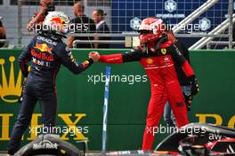 (L to R): Max Verstappen (NLD) Red Bull Racing celebrates in parc ferme finishing first in sprint with second placed Charles Leclerc (MON) Ferrari. 09.07.2022. Formula 1 World Championship, Rd 11, Austrian Grand Prix, Spielberg, Austria, Sprint Day.