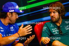 (L to R): Fernando Alonso (ESP) Alpine F1 Team and Sebastian Vettel (GER) Aston Martin F1 Team in the FIA Press Conference. 10.06.2022. Formula 1 World Championship, Rd 8, Azerbaijan Grand Prix, Baku Street Circuit, Azerbaijan, Practice Day.
