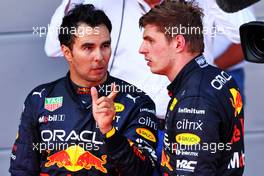 (L to R): Second placed Sergio Perez (MEX) Red Bull Racing in parc ferme with team mate and race winner Max Verstappen (NLD) Red Bull Racing. 12.06.2022. Formula 1 World Championship, Rd 8, Azerbaijan Grand Prix, Baku Street Circuit, Azerbaijan, Race Day.