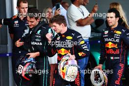 Race winner Max Verstappen (NLD) Red Bull Racing (Centre) in parc ferme with third placed George Russell (GBR) Mercedes AMG F1 (Left) and second placed Sergio Perez (MEX) Red Bull Racing (Right). 12.06.2022. Formula 1 World Championship, Rd 8, Azerbaijan Grand Prix, Baku Street Circuit, Azerbaijan, Race Day.