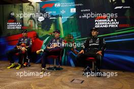 (L to R): Sergio Perez (MEX) Red Bull Racing; Max Verstappen (NLD) Red Bull Racing; and George Russell (GBR) Mercedes AMG F1, in the post race FIA Press Conference. 12.06.2022. Formula 1 World Championship, Rd 8, Azerbaijan Grand Prix, Baku Street Circuit, Azerbaijan, Race Day.