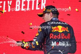 Race winner Max Verstappen (NLD) Red Bull Racing celebrates on the podium. 12.06.2022. Formula 1 World Championship, Rd 8, Azerbaijan Grand Prix, Baku Street Circuit, Azerbaijan, Race Day.