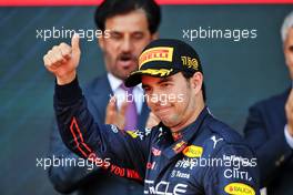Sergio Perez (MEX) Red Bull Racing celebrates his second position on the podium. 12.06.2022. Formula 1 World Championship, Rd 8, Azerbaijan Grand Prix, Baku Street Circuit, Azerbaijan, Race Day.
