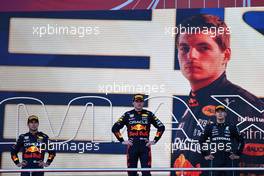 1st place Max Verstappen (NLD) Red Bull Racing RB18, with 2nd place Sergio Perez (MEX) Red Bull Racing RB18 and 3rd place George Russell (GBR) Mercedes AMG F1. 12.06.2022. Formula 1 World Championship, Rd 8, Azerbaijan Grand Prix, Baku Street Circuit, Azerbaijan, Race Day.