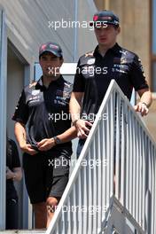 (L to R): Sergio Perez (MEX) Red Bull Racing with team mate Max Verstappen (NLD) Red Bull Racing. 11.06.2022. Formula 1 World Championship, Rd 8, Azerbaijan Grand Prix, Baku Street Circuit, Azerbaijan, Qualifying Day.