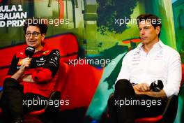 (L to R): Mattia Binotto (ITA) Ferrari Team Principal and Toto Wolff (GER) Mercedes AMG F1 Shareholder and Executive Director in the FIA Press Conference. 11.06.2022. Formula 1 World Championship, Rd 8, Azerbaijan Grand Prix, Baku Street Circuit, Azerbaijan, Qualifying Day.